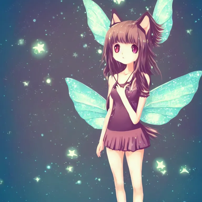 Image similar to cute, full body, female, anime style, a cat girl with fairy wings, large eyes, beautiful lighting, sharp focus, simple background, creative, heart effects, filters applied, illustration