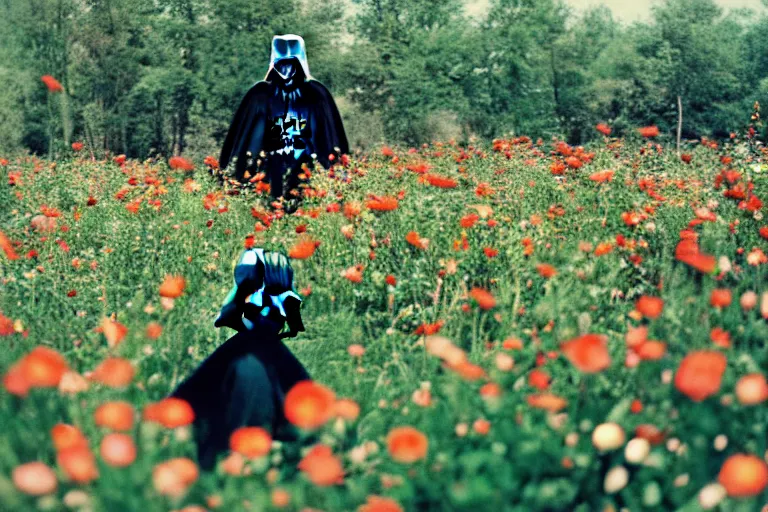 Prompt: darth vader in a field of flowers, playing with kids, 3 5 mm shot, sunny day