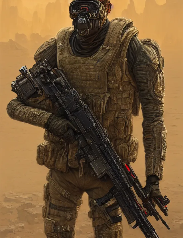 Image similar to a portrait of barack obama wearing tactical combat desert camouflage gear, by moebius and tyler edlin and hr giger, trending on artstation, digital art, 4 k resolution, detailed, high quality, sharp focus, hq artwork, coherent, insane detail, concept art