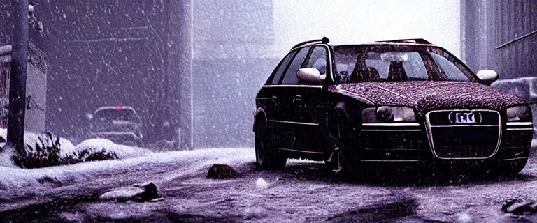 Image similar to Audi A4 B6 Avant (2002), a gritty neo-noir, dramatic lighting, cinematic, eerie person silhouette, death, homicide, homicide in the snow, gunshots, establishing shot, extremely high detail, photorealistic, cinematic lighting, artstation, by simon stalenhag, Max Payne (PC) (2001) winter New York at night, In the style of Max Payne 2 graphic novel, flashing lights, Poets of the Fall - Late Goodbye