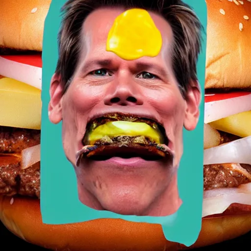 Image similar to kevin bacon face wrapped inside a cheeseburger