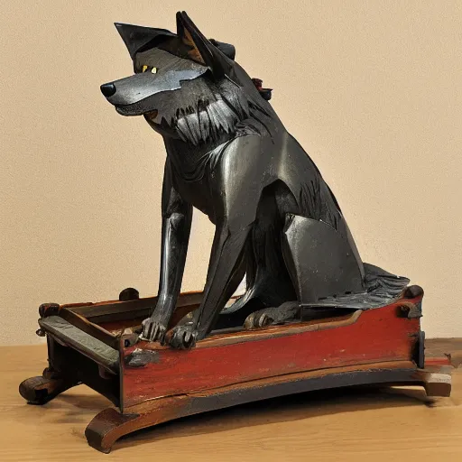 Image similar to 19th century mechanical automata depicting a wolf in a workshop