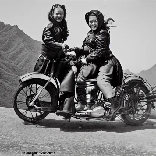 Prompt: a historical black and white photograph of two girls on a Harley Davidson motorbike riding over the Great Wall of China