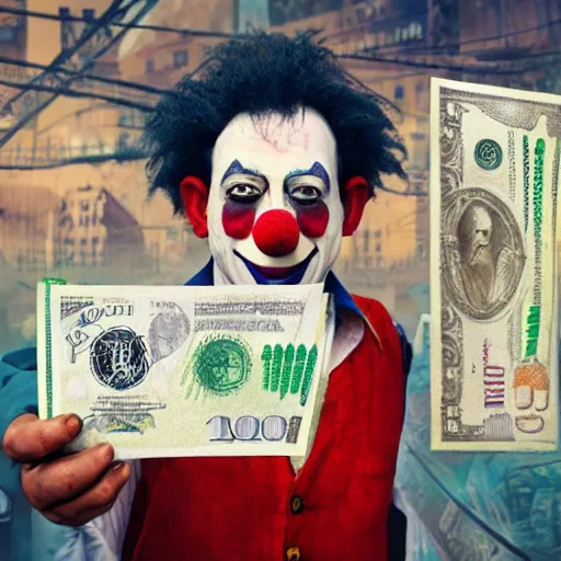 Image similar to A clown holding a dollar banknote, background is a slum, artstation, cgsociety, masterpiece, highly-detailed, inspiring, cinematic, epic