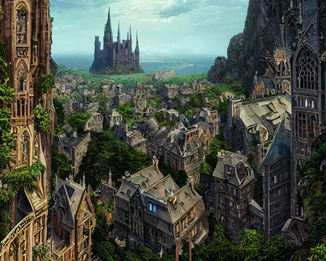 Image similar to gothic architecture busy city on a cliff by the city side, lossy graphics, raster playstation render graphics, high quality game screenshot, scenery art dense foliage art by kim jung giu and weta studio, and lucasfilm and jesper ejsing and norman rockwell partly inspired by greg rutkowski hd