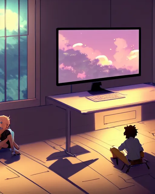 Image similar to a boy and a goldendoodle dog are sitting at a desk in front of a bright computer screen in a bedroom by night, anime concept art, illustrated by Makoto Shinkai, 4k