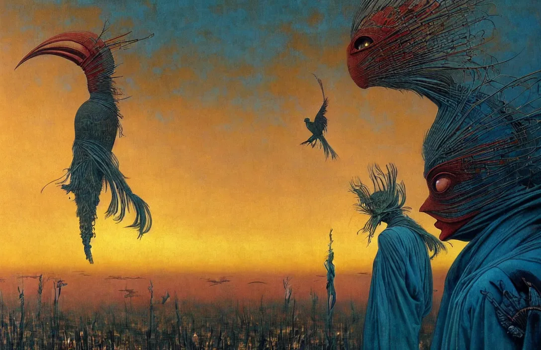 Prompt: realistic detailed portrait movie shot of a birdman wearing dark ragged robes, futuristic city sunset landscape background by denis villeneuve, amano, yves tanguy, alphonse mucha, ernst haeckel, max ernst, roger dean, masterpiece, rich moody colours, bird head, blue eyes, hyperdetailed