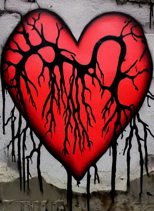 Image similar to graffiti of a dripping anatomical human heart with roots growing above it, sadness, dark ambiance, concept by godfrey blow, banksy, featured on deviantart, sots art, lyco art, artwork, photoillustration, poster art, black and red