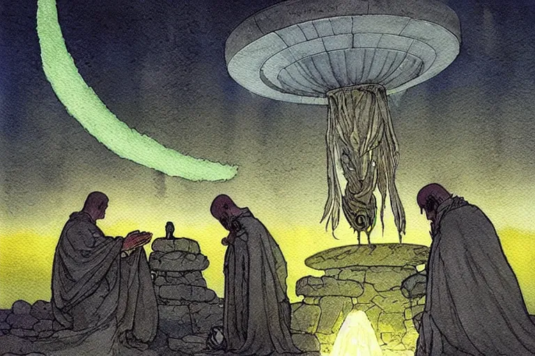 Image similar to a realistic and atmospheric watercolour fantasy concept art of a ufo landing in a floating stonehenge. one dirty medieval monk in grey robes is on his knees praying to the ufo. muted colors. by rebecca guay, michael kaluta, charles vess and jean moebius giraud