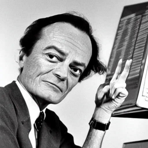 Image similar to Richard Feynman being disappointed by the fact that he bought some shitcoins on some shady cryptocurrency exchange