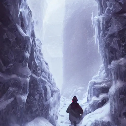 Image similar to a man explores the icy corners from hell, artstation