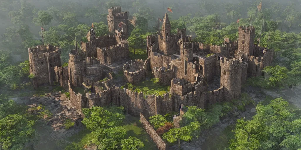 Image similar to 3 d medieval castle in the jungle, artstation, 4 k