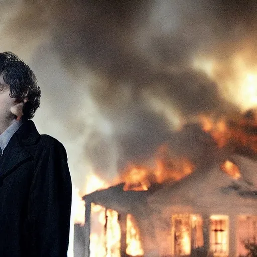 Prompt: a photo of a house burning down in the background and doctor who with an eerie expression in the foreground, strong depth of field