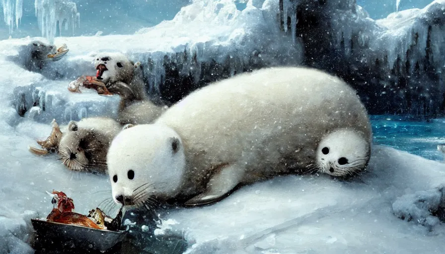 Prompt: highly detailed closeup painting of cute furry white baby seals eating fish inside a snowy fantasy ice crystal cavern by william turner, by greg rutkowski, by william constable, thick brush strokes and visible paint layers, 4 k resolution