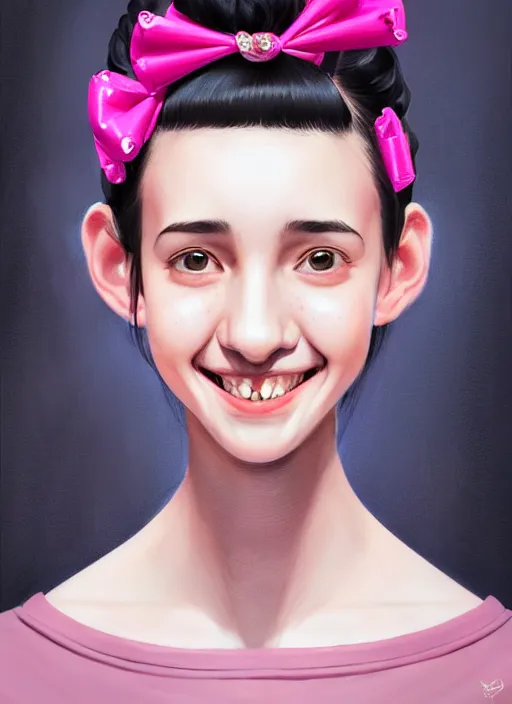 Image similar to portrait of high school girl, realistic, black hair, bangs, half updo hairstyle, pointy nose, skinny, smile, ugly, defined jawline, big chin, pink hair bow, earrings, intricate, elegant, glowing lights, highly detailed, digital painting, artstation, sharp focus, illustration, art by wlop, mars ravelo and greg rutkowski