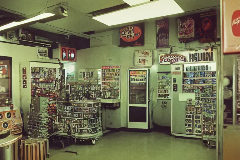 Prompt: large metallic skull attached to a tower of thick coiled power cable, stoic and calm, inside of an unlit 1970s convenience store, ektachrome photograph, volumetric lighting, f8 aperture, cinematic Eastman 5384 film