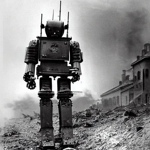 Prompt: world war one with robot mechs, black and white photograph, old photo, realistic wartime images, realistic, high quality, alternate history