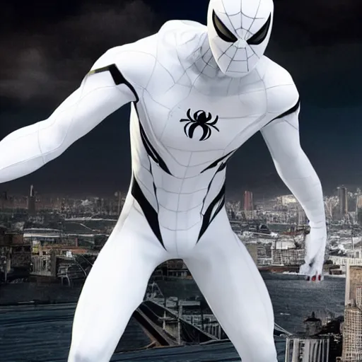 Image similar to white spider - man suit with black web lining, cinematic, volumetric lighting, realistic, hyperdetailed, photorealistic, photograph