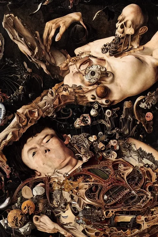 Image similar to Detailed maximalist portrait a man lying on bed with the boogie man hovering over him. exasperated expression, botany bones, HD mixed media, 3D collage, highly detailed and intricate, surreal illustration in the style of Caravaggio, dark art, baroque