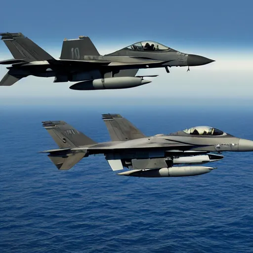 Prompt: two F-18's flying low over the ocean, comic art,