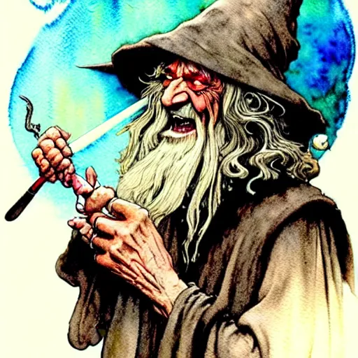 Image similar to a realistic and atmospheric watercolour fantasy character concept art portrait of gandalf with bloodshot eyes laughing and smoking weed out of his pipe by rebecca guay, michael kaluta, charles vess and jean moebius giraud