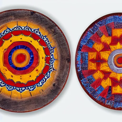 Prompt: a circular piece of wood with a pattern of red yellow and grey - blue eye shapes, radial symmetry, intricate, highly detailed
