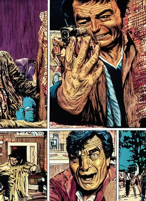 Image similar to Columbo in Creepshow (1982), comic book panels, artwork by Bernie Wrightson, full color, detailed