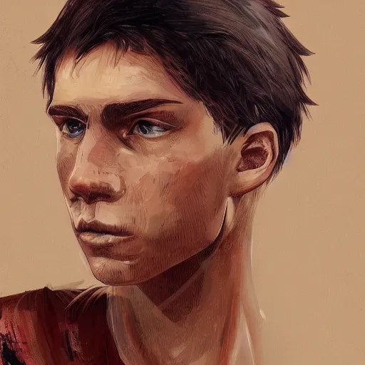 Image similar to portrait of a teen boy with long red hair and a lot of freckles and muscular, intricate, highly detailed, digital painting, artstation, sharp focus, illustration