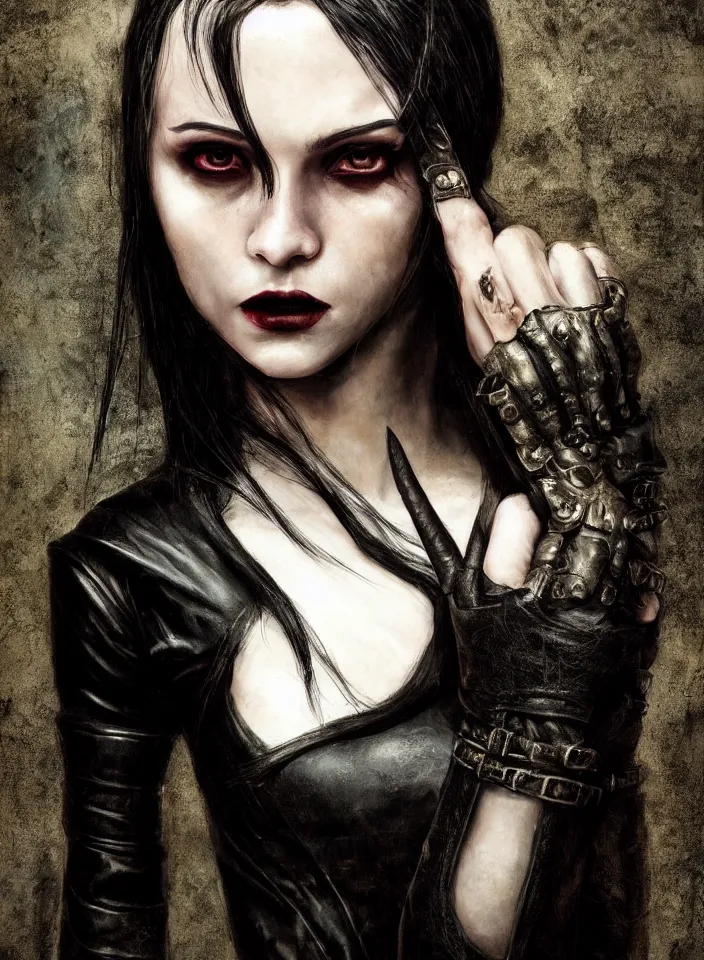 Image similar to a half portrait of a young female vampire sorceress wearing a black leather dress from skyrim, fantasy setting, beautiful face, dark colors, scary lighting, atmospheric, cinematic, moody, in the style of diego koi, gina heyer, luiz escanuela, art by alyssa monk, hyperrealism, rule of thirds, golden ratio, oil on canvas, 8 k