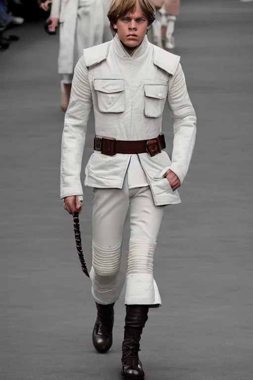 Image similar to 2 3 year old luke skywalker models for chanel, on the runway, fashion photoshoot, full body, chanel boots, chic, beautiful color grading, confident, highly detailed, beautiful photo