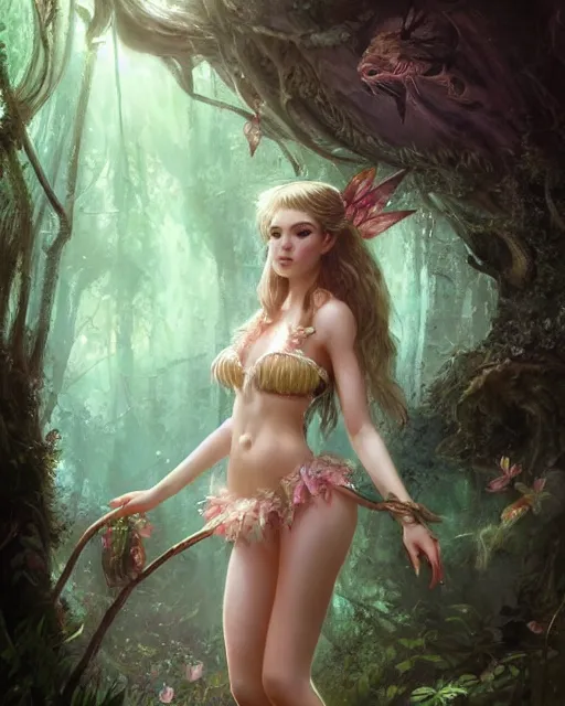 Image similar to A beautiful maid wearing a fairy bikini posing in a magical forest, bikini, very detailed beautiful face, fantasy art, in the style of greg rutkowski, illustration, epic, fantasy, intricate, hyper detailed, artstation, concept art, smooth, sharp focus