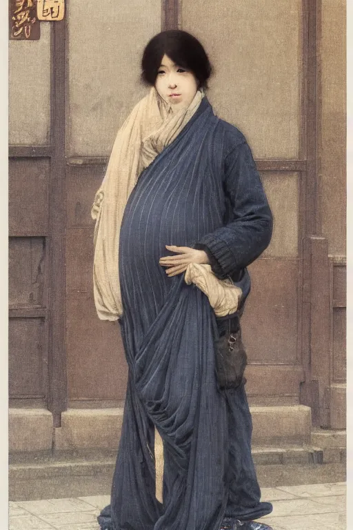 Image similar to Full-length portrait of a pregnant man on the streets of Tokyo, historically reliable photo chronicle, winter, 1975, ultra detailed digital art, octane render, 4K, by John William Waterhouse and Edwin Longsden Long and Theodore Ralli and Nasreddine Dinet