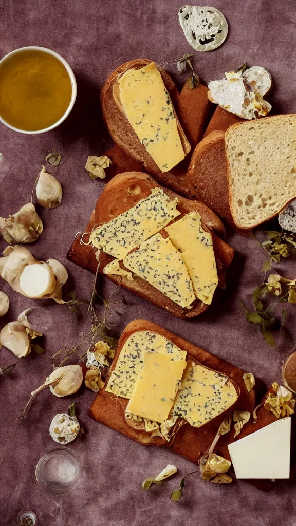 Image similar to 7 0 s food photography of an opulent spread of cheese on toast, on a velvet table cloth, dramatic diffused lighting