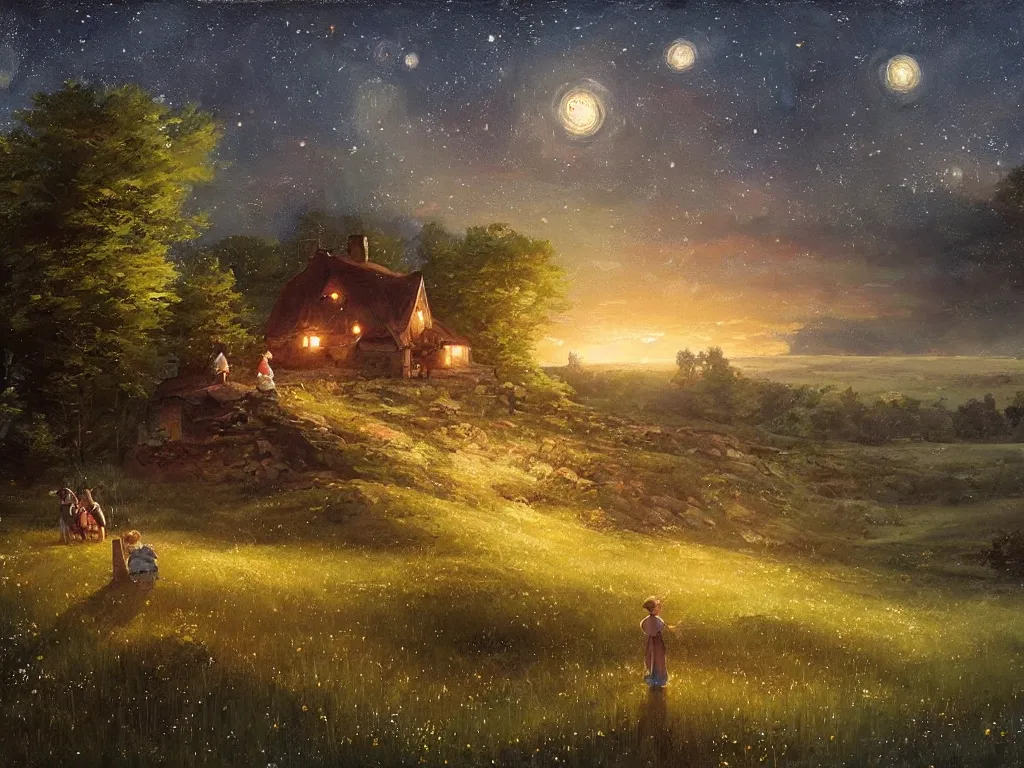 Prompt: A starry night in the swedish countryside, by Studio Ghibli and Greg Rutkowski, artstation, painting by Vladimir Volegov