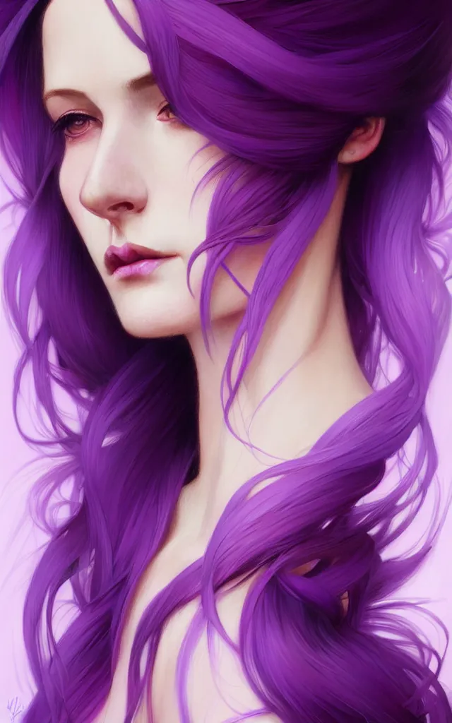 Image similar to Purple hair, creative colouring Portrait of woman face profile, fashion, coloured strands of hair, intricate, elegant, highly detailed, digital painting, artstation, concept art, smooth, sharp focus, illustration, art by artgerm and greg rutkowski and alphonse mucha, 8k