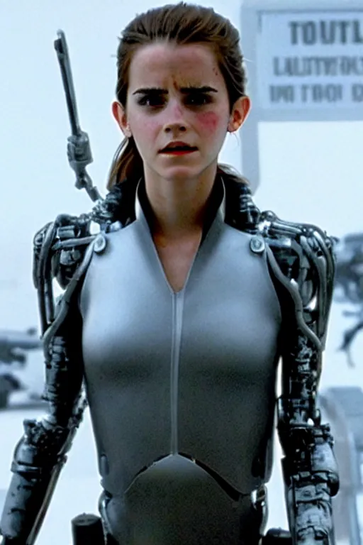 Prompt: a cinematic still of Emma Watson as The T-1000 . Terminator 2 Judgement Day.