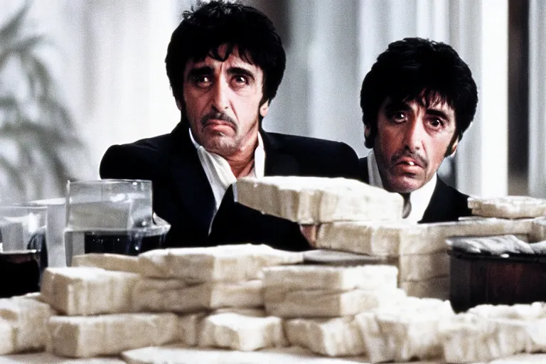 Image similar to tony montana from movie scarface 1 9 8 3 sitting at a table with packages of flour. next to the night window. al pacino. perfect symmetric face, coherent eyes, fine details, 4 k, cinestill, ron cobb