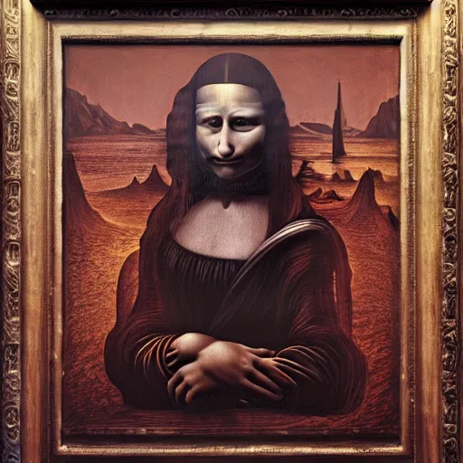 Prompt: monalisa by zdzisław beksiński, jeffrey smith and h.r. giger, oil on canvas, XF IQ4, f/1.4, ISO 200, 1/160s, 8K, RAW, unedited, symmetrical balance, in-frame