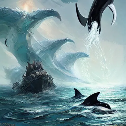 Prompt: orcas destroying ships, tentacles rising from the sea, magic the gathering art, art by greg rutkowski, fantasy rpg, league of legends