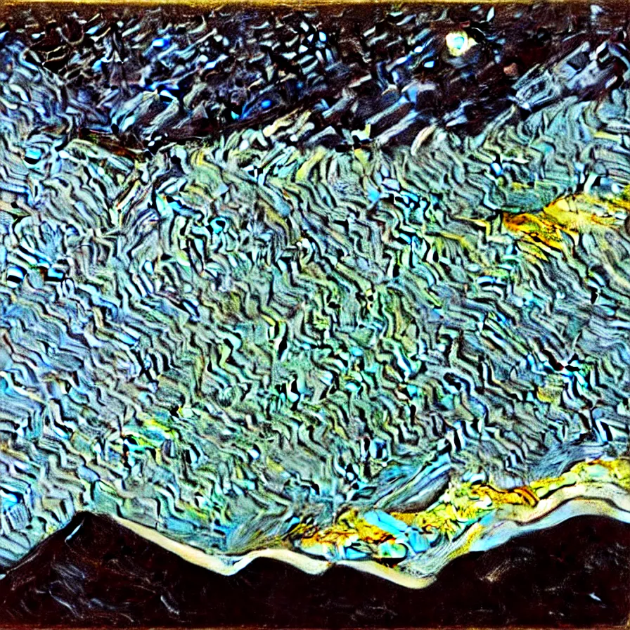 Image similar to thick impasto textured oil black and white painting of the laurentian appalachian mountains in winter by vincent van gogh, unique, original and creative landscape, snowy night, distant town lights, aurora borealis, deers and ravens, footsteps in the snow, brilliant composition