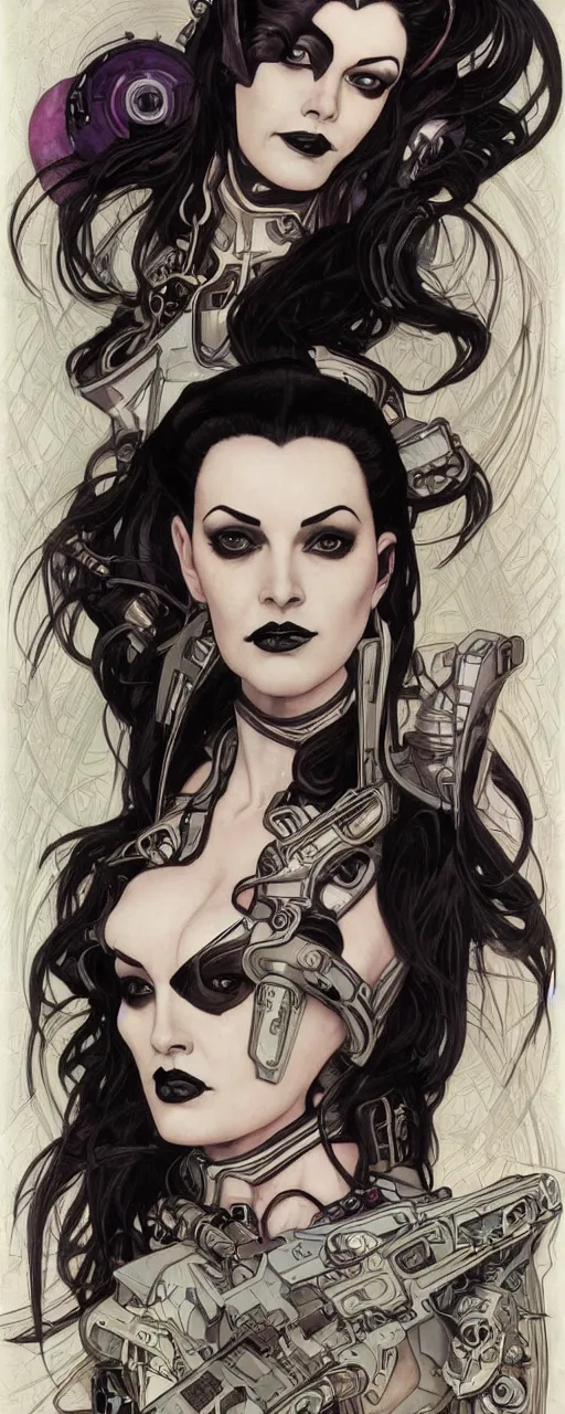 Image similar to a beautiful and captivating sci - fi art nouveau style portrait of lily munster as a futuristic gothpunk rebel soldier by chris achilleos, travis charest and alphonse mucha, mixed media painting, photorealism, extremely hyperdetailed, perfect symmetrical facial features, perfect anatomy, ornate declotage, circuitry, technical detail, confident expression, wry smile