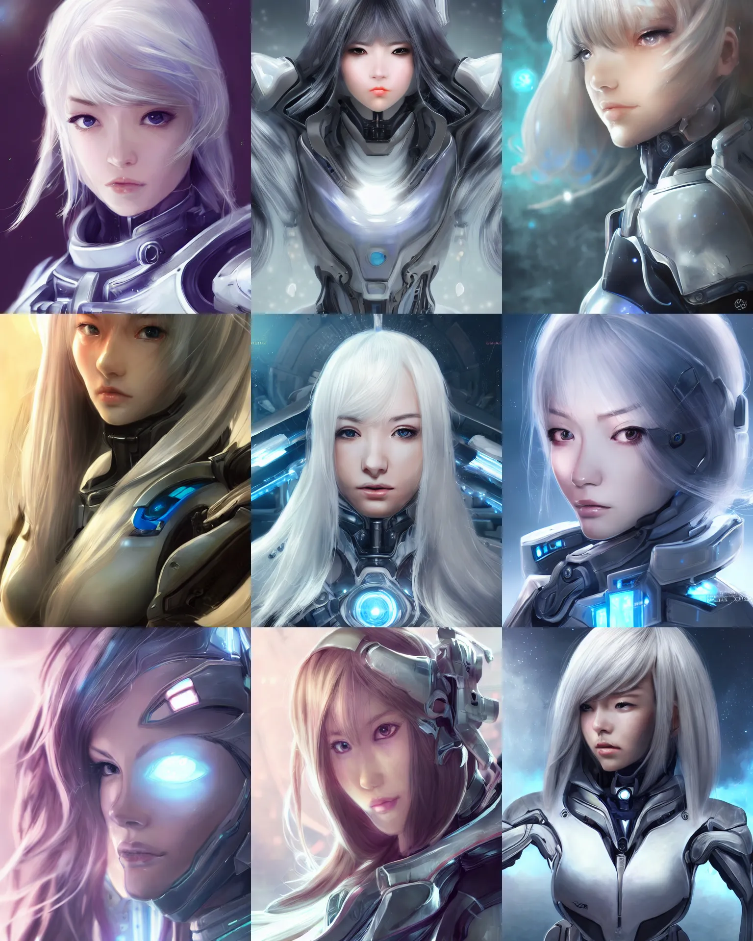 Image similar to detailed portrait of perfect android girl, warframe armor, beautiful face, scifi, futuristic, space station, laboratory, song hye - kyo, dreamy, long white hair, blue cyborg eyes, cinematic lighting, innocent, highly detailed, sharp focus, smooth, artstation, intricate, award winning, pure aura, divine, by akihiko yoshida