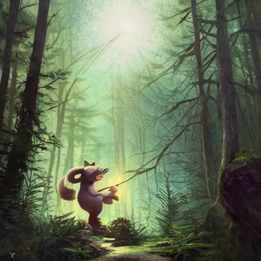 Image similar to racoon playing electric guitar in a forest, fantasy art by greg, loish, rhads, ferdinand knab, tom bagshaw, makoto shinkai and lois van baarle, rossdraws, ilya kuvshinov, night lighting, trending on studio ghibli, highly detailed, 8 k, octane render