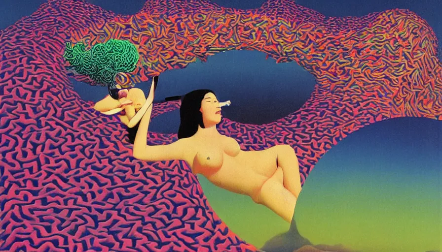 Image similar to musical goddess performing in the dome outside Osaka, surrealist psychedelic collage painting in the style of Magritte, Roger Dean, Yoshio Awazu, muted deep neon color