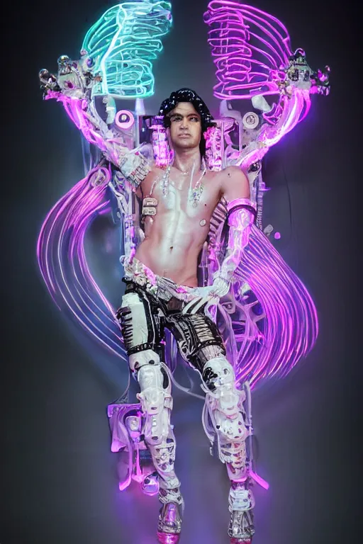 Image similar to full-body rococo and cyberpunk style neon statue of a muscular attractive Colby O'Donis macho dotado e rico android sim roupa reclining con las piernas abertas e la piroca dura, glowing white laser eyes, prince crown of pink gears, diamonds, swirling silver-colored silk fabric. futuristic elements. full-length view. space robots. human skulls. intricate artwork by caravaggio. Trending on artstation, octane render, cinematic lighting from the right, hyper realism, octane render, 8k, depth of field, 3D