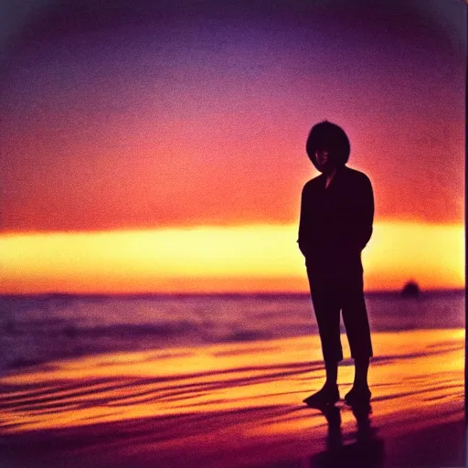 Image similar to tatsuro yamashita standing in the ocean looking at the camera, wide shot, far!!!!!!! away, zoomed out, distance!!!!!!! shot, sunset, centered!!!!!!!!!!, album cover, 1980, ride on time