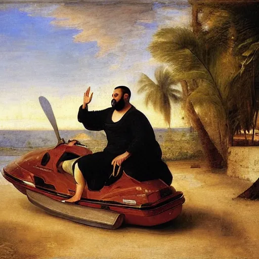 Image similar to renaissance portrait of DJ Khaled on a jetski in a river, masterpiece by Eugene de Blaas