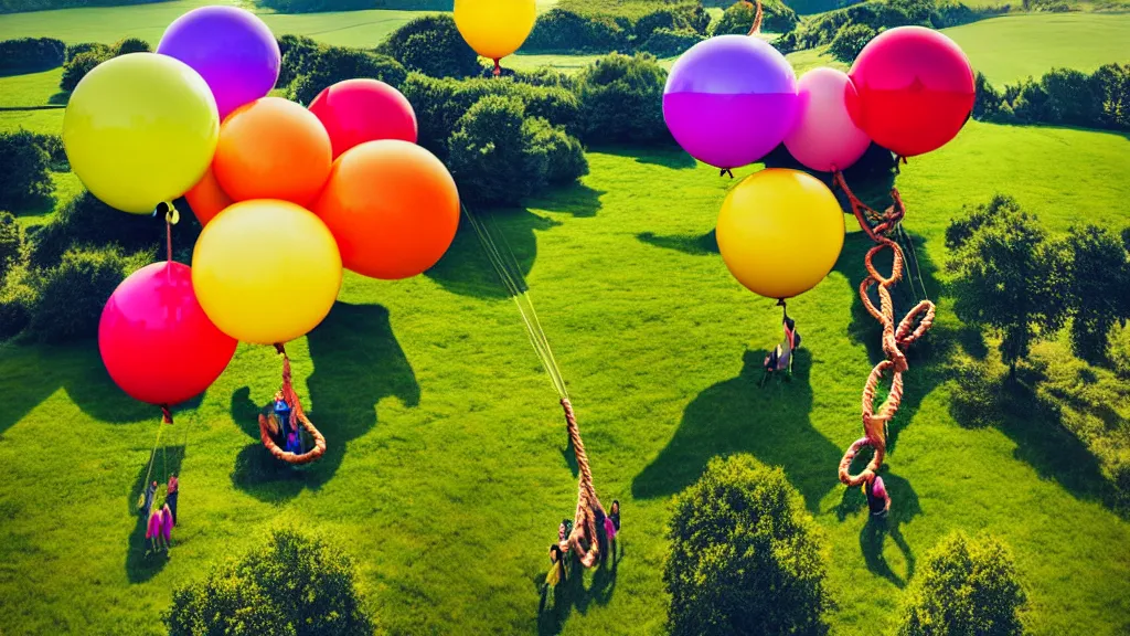 Image similar to large colorful balloons with people on rope swings underneath, flying high over the beautiful countryside landscape, professional photography, 8 0 mm telephoto lens, realistic, detailed, digital art, unreal engine