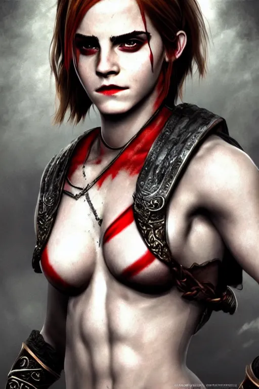 Prompt: Emma Watson as Kratos, brutal, detailed realistic, photorealistic, full body, ornate, intrinsic, artstation