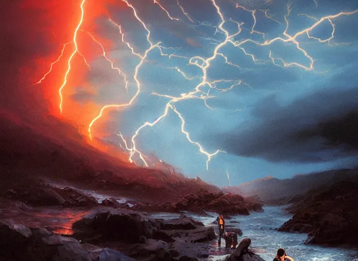 Prompt: a man with a long wavy black hair wearing a long blue coat and stands with his back to the viewer on bare rocky ground looking up at an immense approaching lightning storm. roiling dramatic threatening dangerous looming clouds. a threatening red orange cast to the picture. fantasy art by greg rutkowski and michael whelan